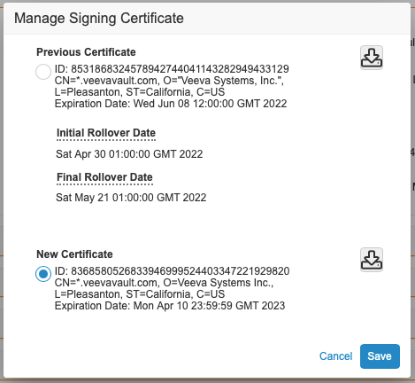 A Connection record in the Vault UI with the new certificate selected.