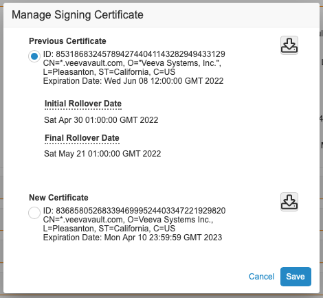 A Connection record in the Vault UI with the old certificate selected.