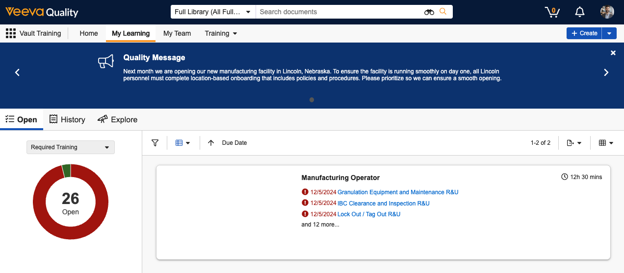 Learner Homepage with an announcement