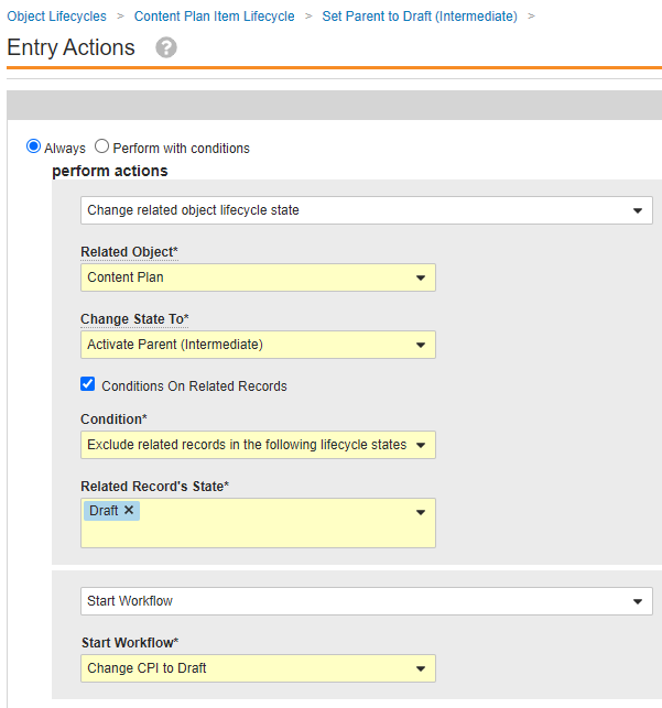 content plan item LC entry actions