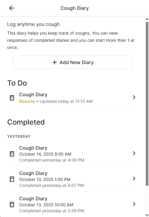 MyVeeva Diary page open, showing the button to Add New Diary is available, an in-progress diary is in the To Do section, and several completed diaries are displayed.