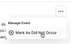 Event more options menu expanded to show the Mark As Did Not Occur option available.