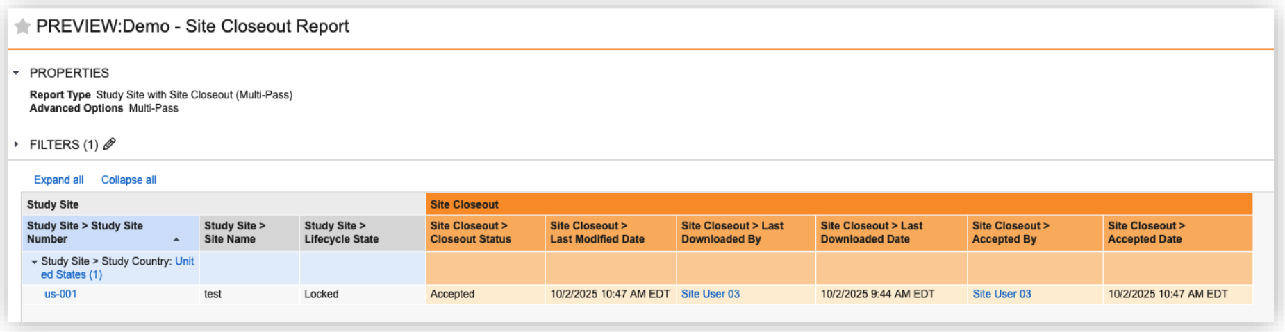 An example of the Vault Site Closeout report. It has a Properties section with the report type and advanced options displayed. The table can be filtered, and it has information on the site, including the name and lifecycle state, and the closeout information, including the closeout status, last modified date, last downloaded by, Last Downloaded Date, Accepted By, and Accepted Date.