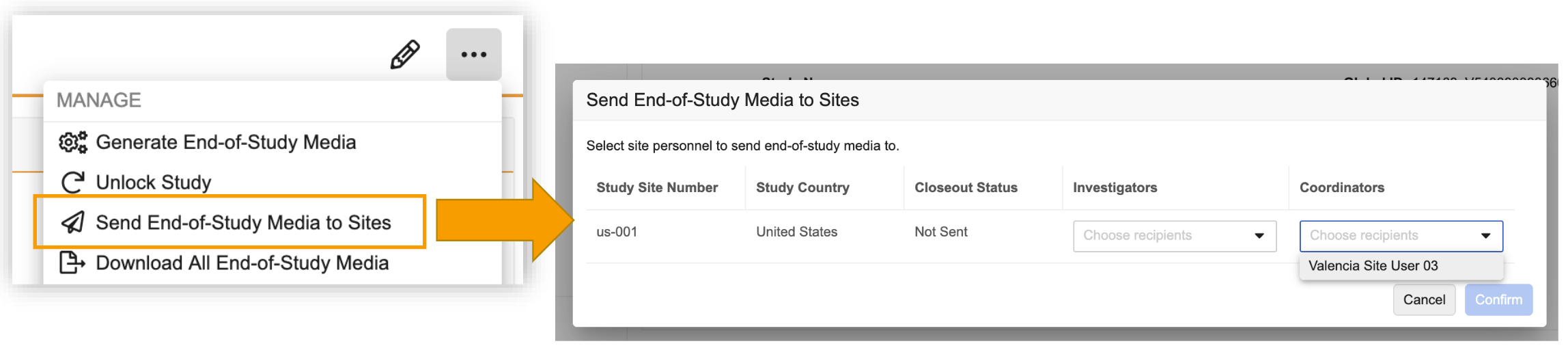 More options menu expanded showing the Send End-of-Study Media to Sites option, and then an arrow to the Send End-of-Study Media to Sites popup box that opens after you select the option.
