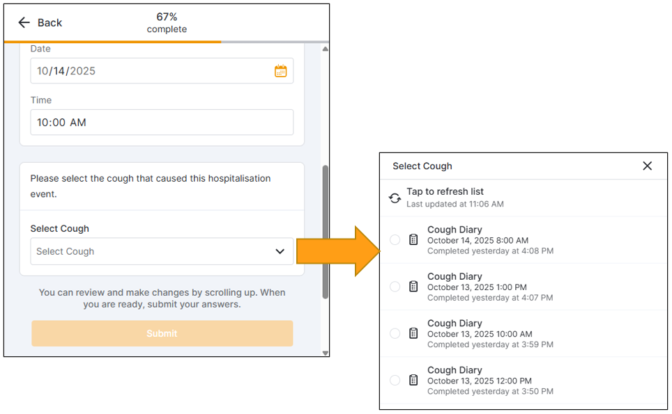 A survey with a Select Cough Dropdown  option with an arrow showing that a list of selectable Diary entries are displayed when the list is opened.