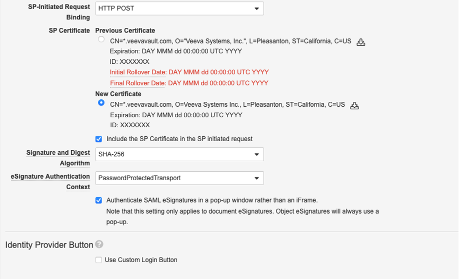 A SAML Profile in the Vault UI with the new certificate selected.