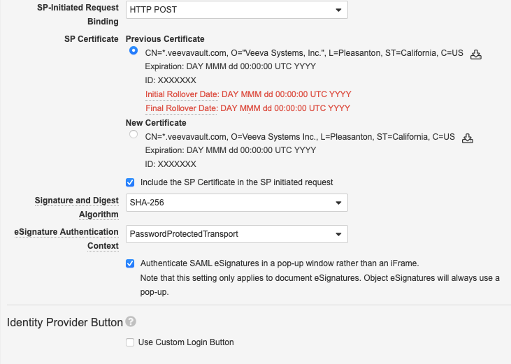 A SAML Profile in the Vault UI with the old certificate selected.