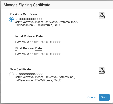 A Connection record in the Vault UI with the old certificate selected.
